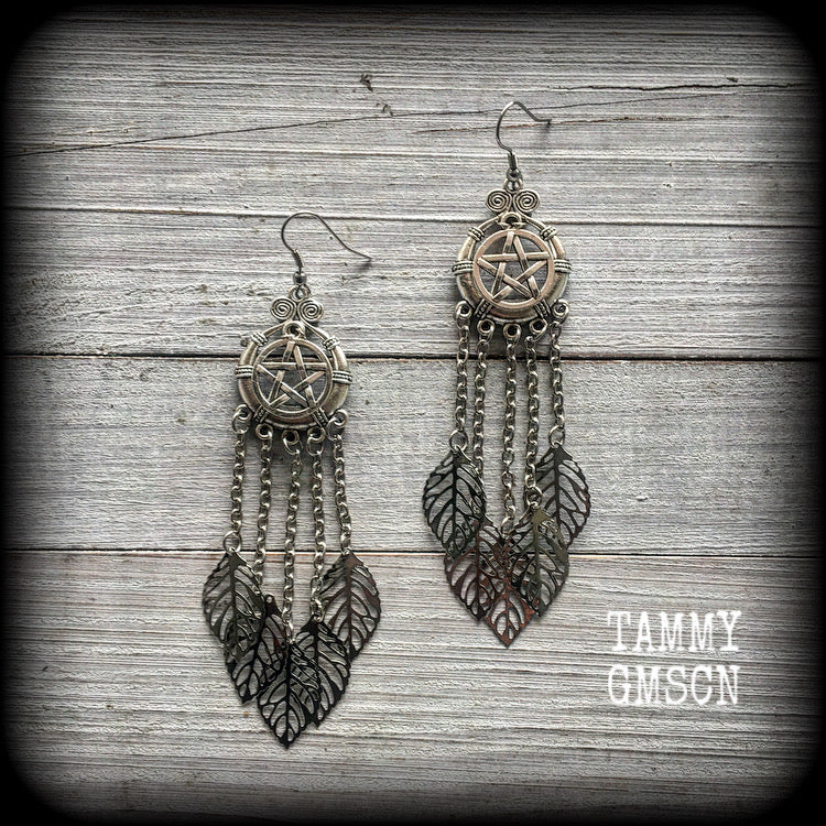 Leafy pentagram dangle earrings