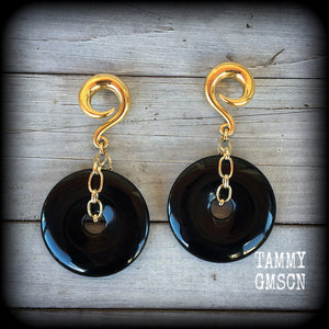 Black obsidian gauged earrings-Ear weights