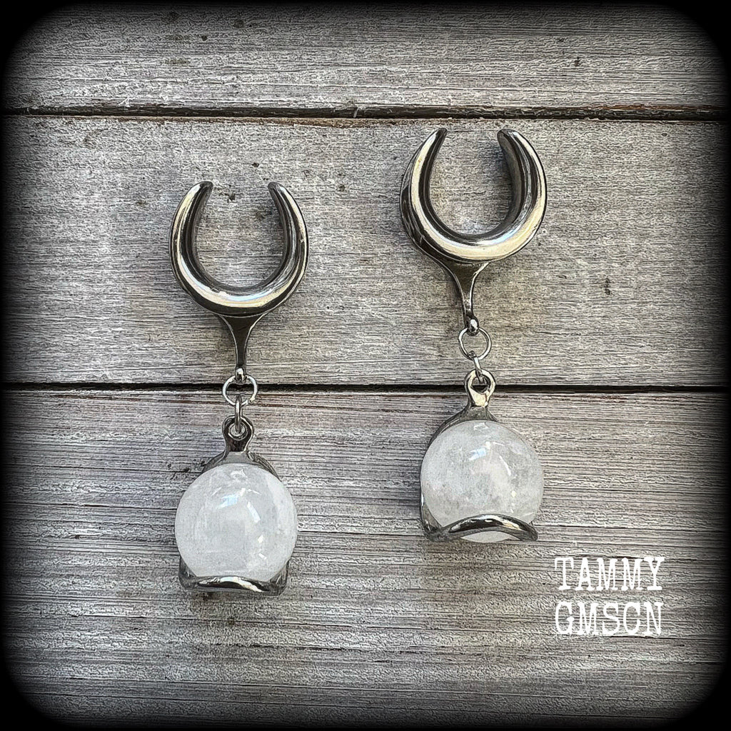 Clear quartz sphere gauged earrings