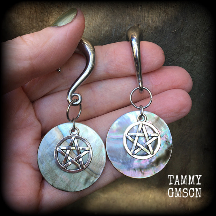 Mother of Pearl and pentagram gauged earrings-Shell earrings