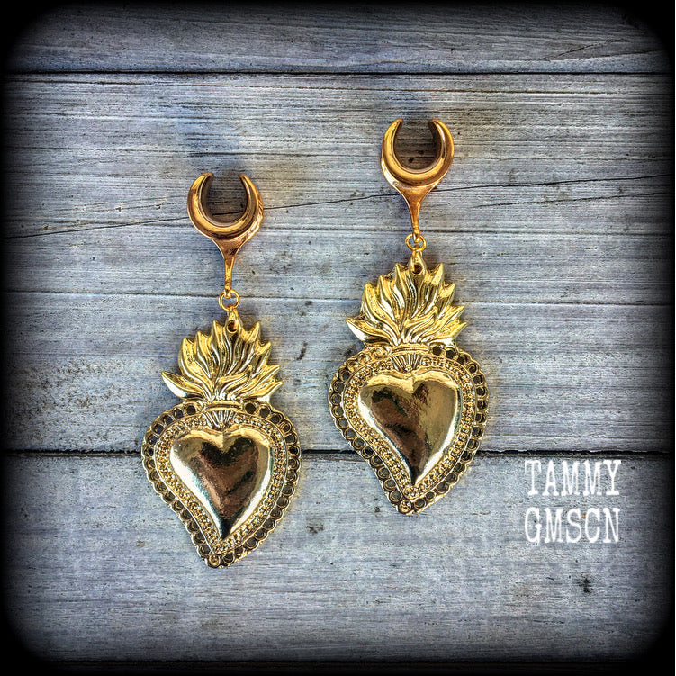 Antique gold sacred heart flaming heart ear hangers for stretched lobes, available on a range of hooks from 4mm up to 30mm.