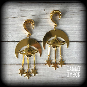 Crescent moon and celestial bodies gauged earrings