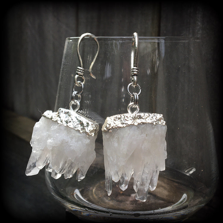 Clear raw quartz ear hangers-Gauged earrings