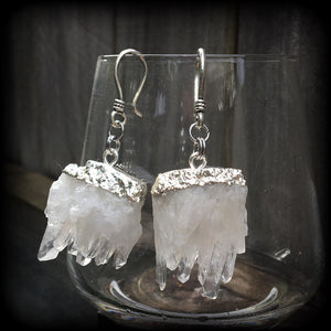 Clear raw quartz ear hangers-Gauged earrings