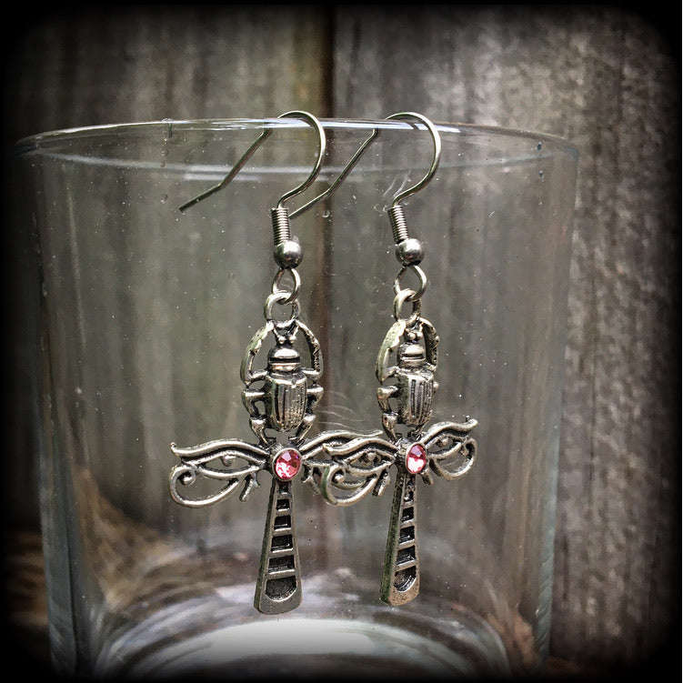 Eye of Horus ankh earrings-Scarab beetle ankh earrings