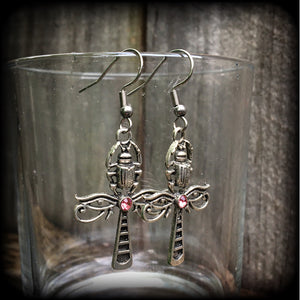 Eye of Horus ankh earrings-Scarab beetle ankh earrings