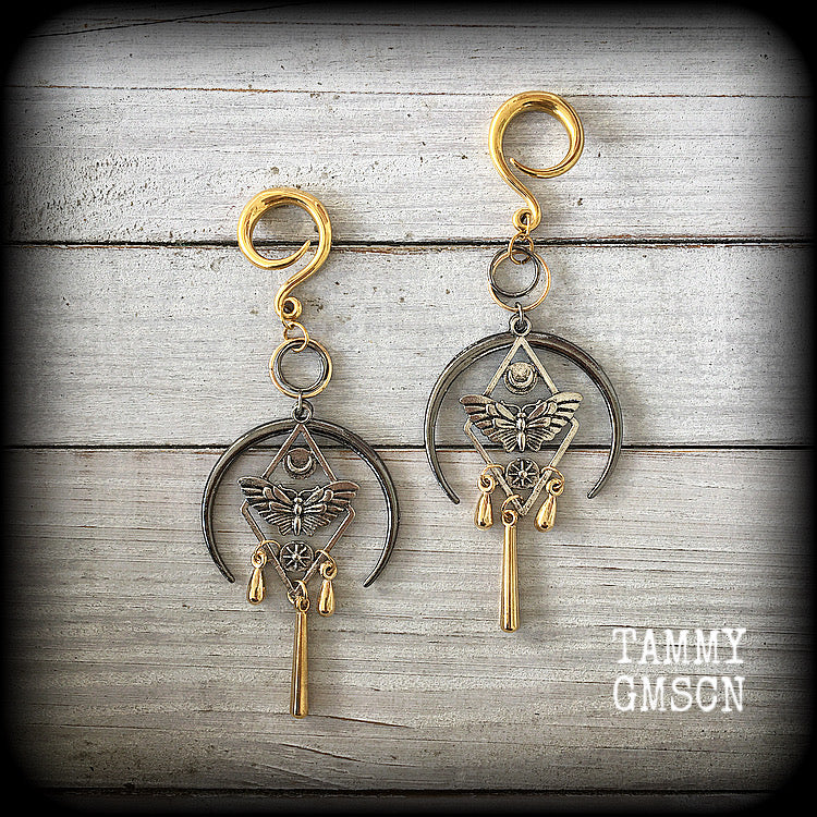Moth and crescent moon gauged earrings