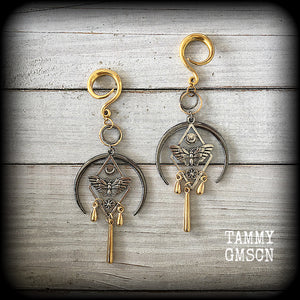 Moth and crescent moon gauged earrings