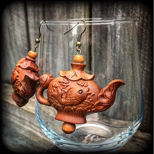 Teapot earrings-Carved wood earrings