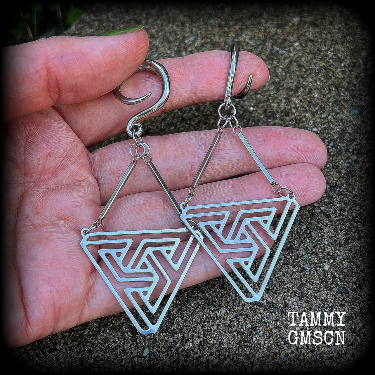 Triangle maze earrings Geometic earrings Geometric jewellery Geometric gauged earrings Optical illusion ear hangers MC Escher 6 gauge ear weights Stretched ears Stretched lobes Ear gauges 4mm 6mm 8mm 10mm 12mm 14mm 16mm 19mm 22mm 25mm 28mm 30mm