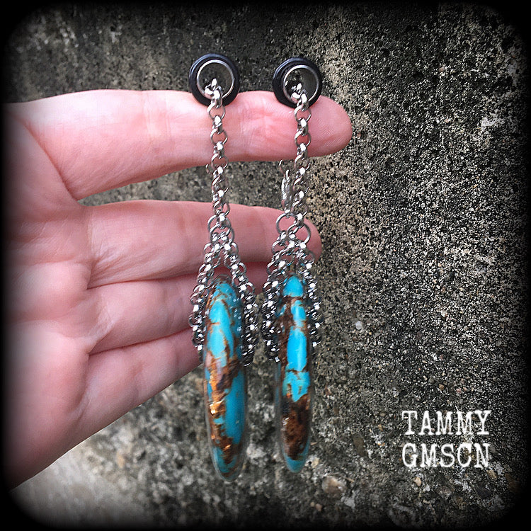 Turquoise and bronzite earrings-Ear hangers