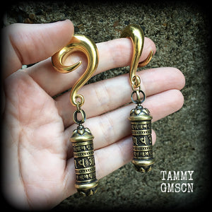 Stash pot earrings Pet ashes earrings Stash pot ear weights Tibetan prayer box jewelry Pet ashes urn jewelry Brass ear weights Sanskrit jewelry
