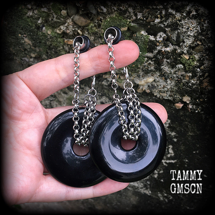 Black Obsidian earrings-Ear weights-Ear hangers