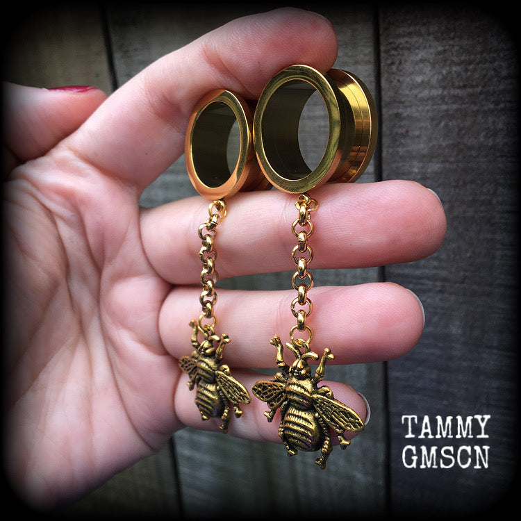 Bee tunnel dangles 19mm tunnel earrings Bee ear gauges Bee earrings Insects Bugs Body jewelry 2g 0g 00g 1/2" 9/16" 5/8" 3/4" 7/8" 1" 1.10"  Stretched ears Stretched lobes Gauged ears Gauged earrings Plugs plug dangles Tunnels