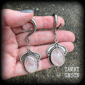 Rose quartz gauged earrings