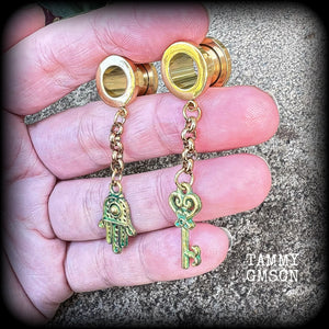 Hamsa hand and key tunnel earrings-Evil eye jewelry