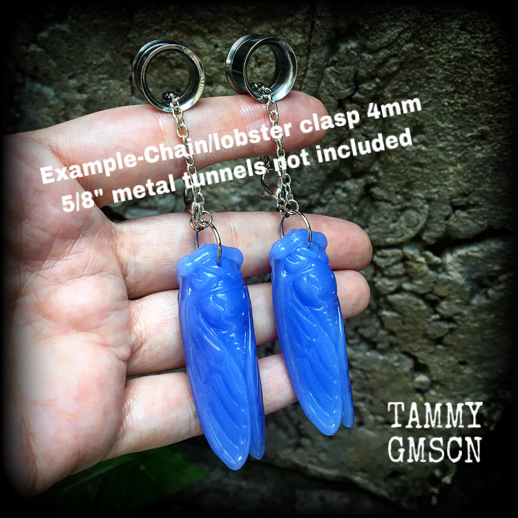 Blue jade cicada earrings-Gemstone insect ear hangers