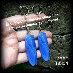 Blue jade cicada earrings-Gemstone insect ear hangers