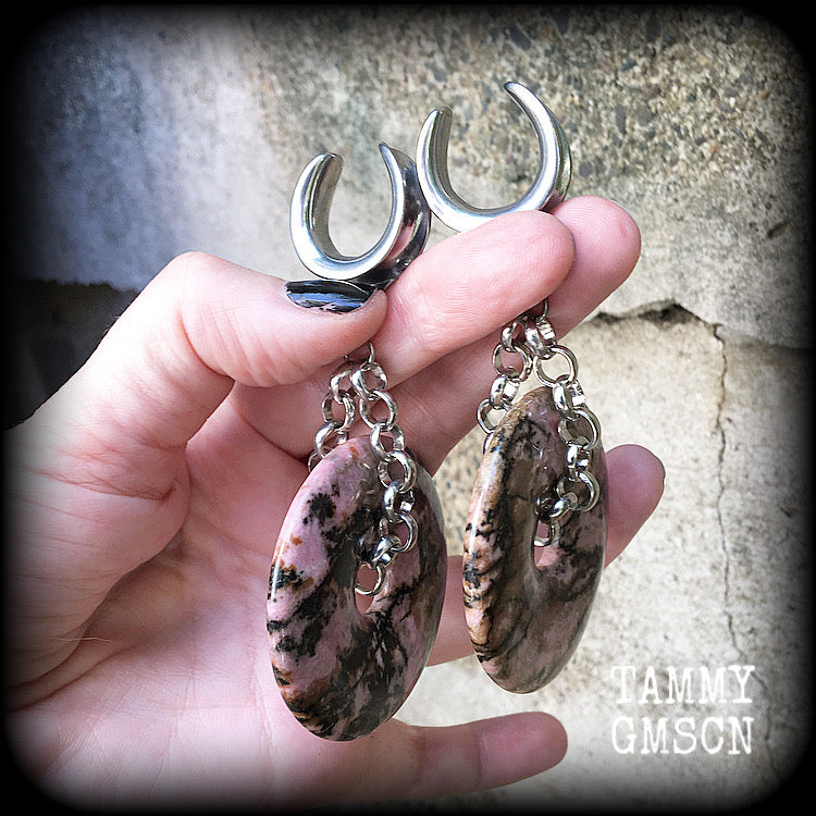 Rhodonite gauged earrings-Gemstone ear weights