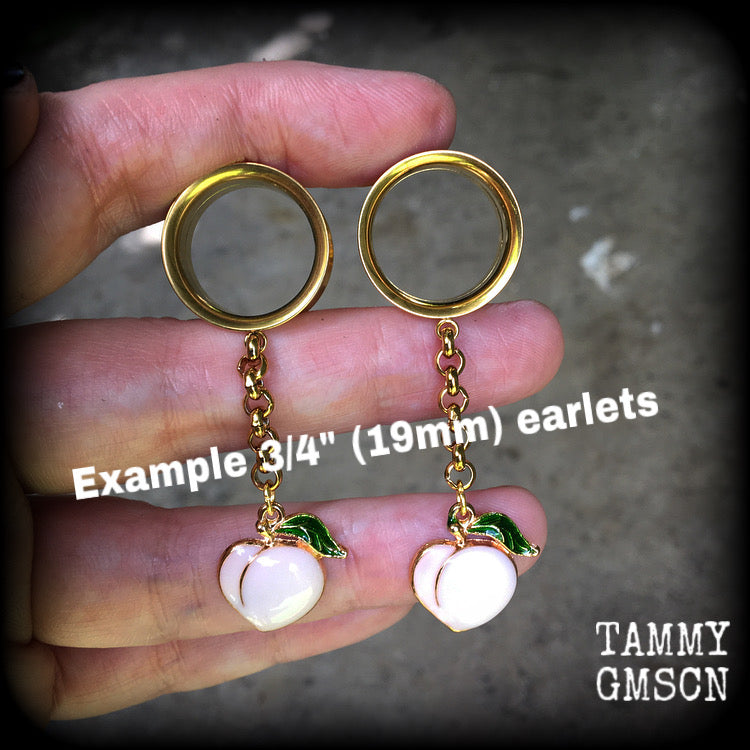 Peach tunnel earrings Peaches tunnel dangles 00 gauge tunnels Body jewelry Ear gauges Stretched ears 6mm 8mm 10mm 12mm 14mm 16mm 19mm 22mm 25mm  Stretched lobes Gauged ears Gauged earrings Retro tunnels Rockabilly jewelry Fruit tunnel earrings