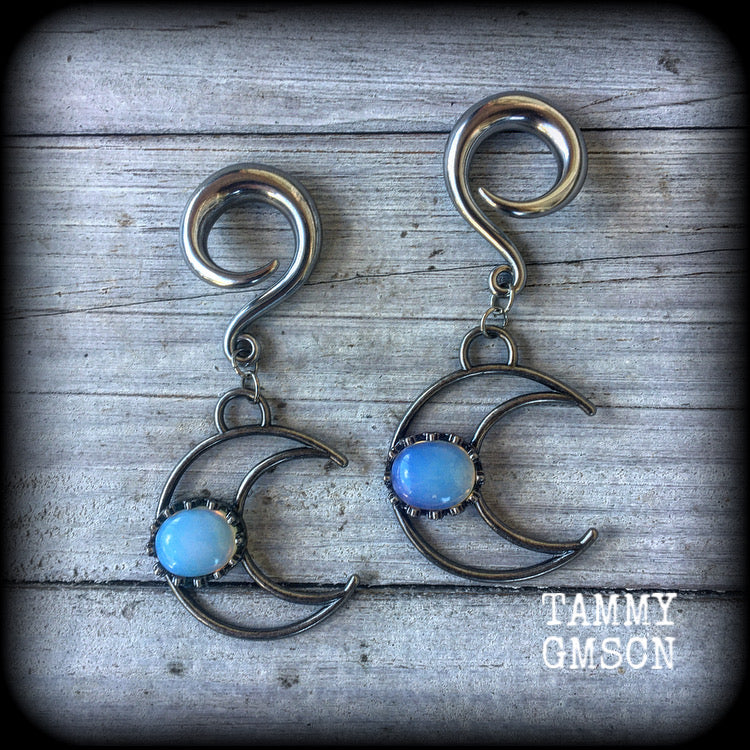 Crescent moon and opalite gauged earrings