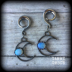 Crescent moon and opalite gauged earrings