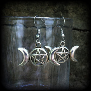 Triple moon earrings-Pentagram earrings
