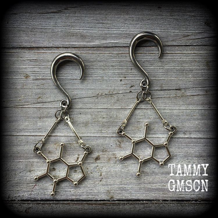 Caffeine molecule gauged earrings