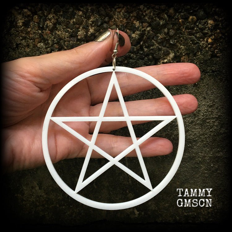 White goth oversized pentagram earrings