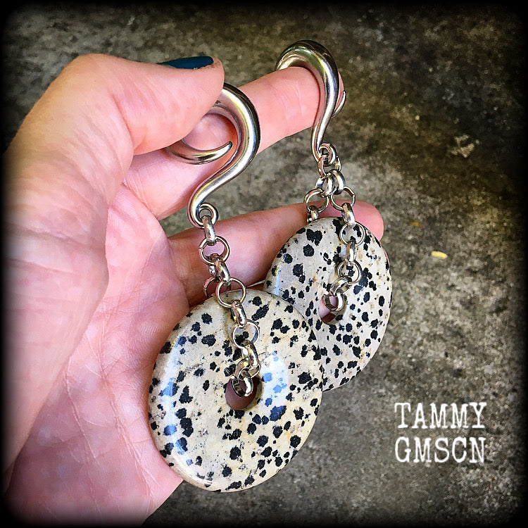 These Dalmatian Jasper gauged earrings have been made with chunky antique silver chain, measuring just under 10cms from tip to tip, and weighing 42 grams each

This pair has been made with 0 gauge (8mm) surgical steel full curls, for stretched lobes.