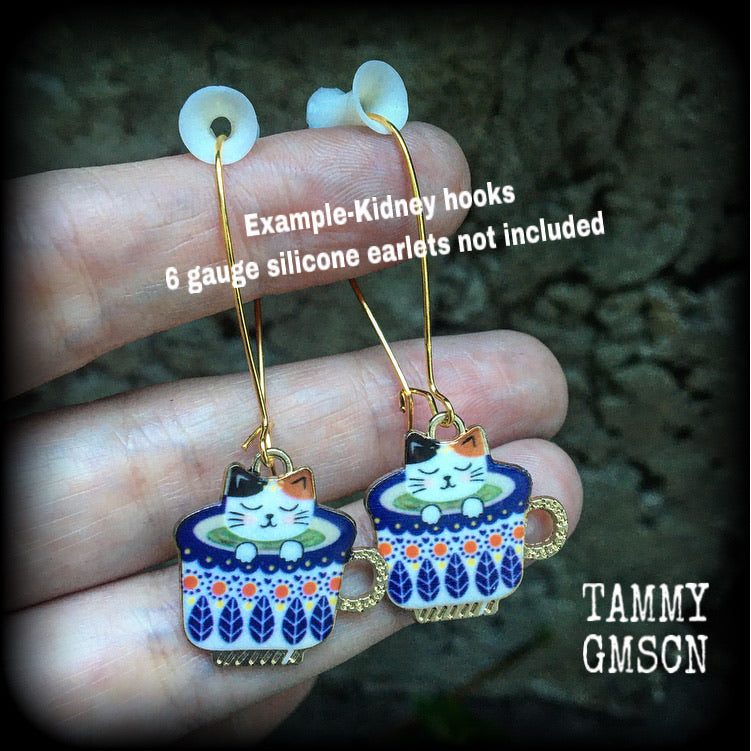 Cat earrings-Folk art teapot earrings