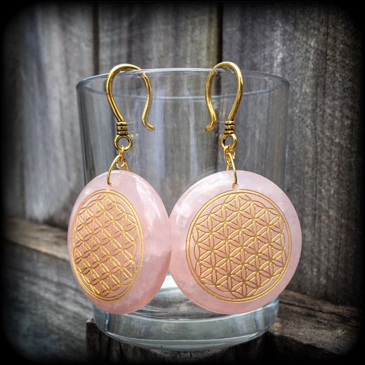 Rose Quartz ear weights-Flower of Life earrings