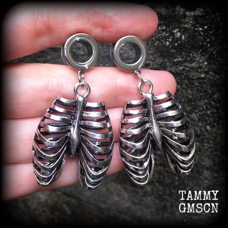 Ribcage tunnel earrings-Horroupunk halloween earrings