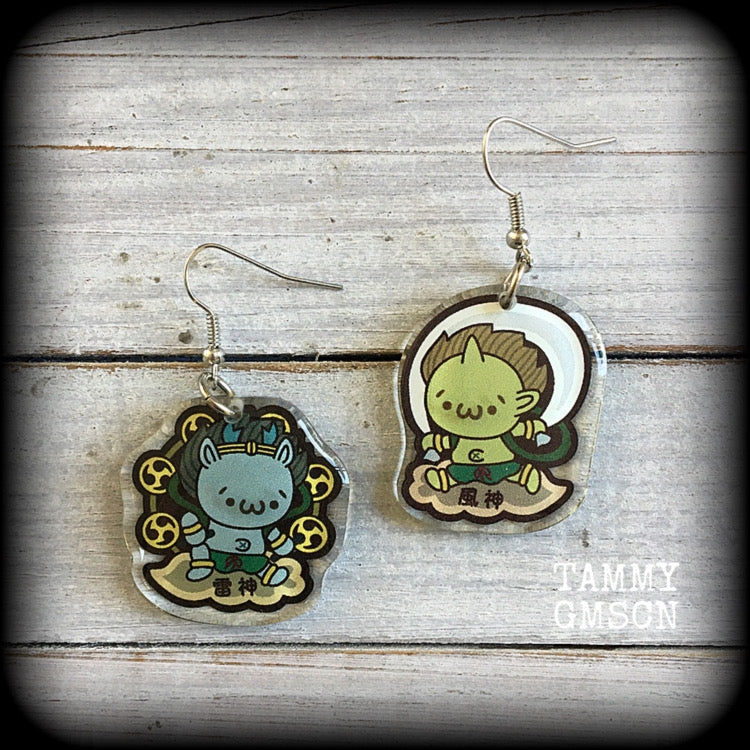 Fujin and Raijin earrings Japanese monster earrings Hannya earrings Oni Demon earrings Japanese mythology Folklore Pierced ears Ear gauges