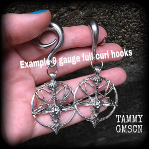 Antique silver Baphomet gauged earrings-Occult ear hangers