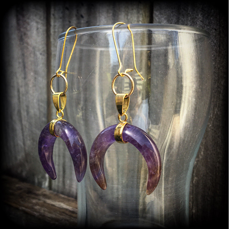 Amethyst earrings-Gemstone crescent moon earrings