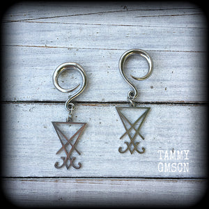 Sigil of Lucifer gauged earrings Satanic jewelry Occult jewelry Ear hangers Sigil jewelry Occult ear weights