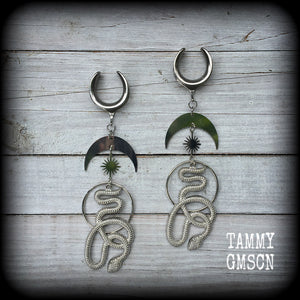 Snake and crescent moon gauged earrings 3/4” ear weights Serpent ear hangers Body jewelry Stretched lobes Stretched ears Gauged earrings Gauged ears Occult earrings Witchy Occult ear hangers Serpent ear weights Snake ear weights Occult jewelry