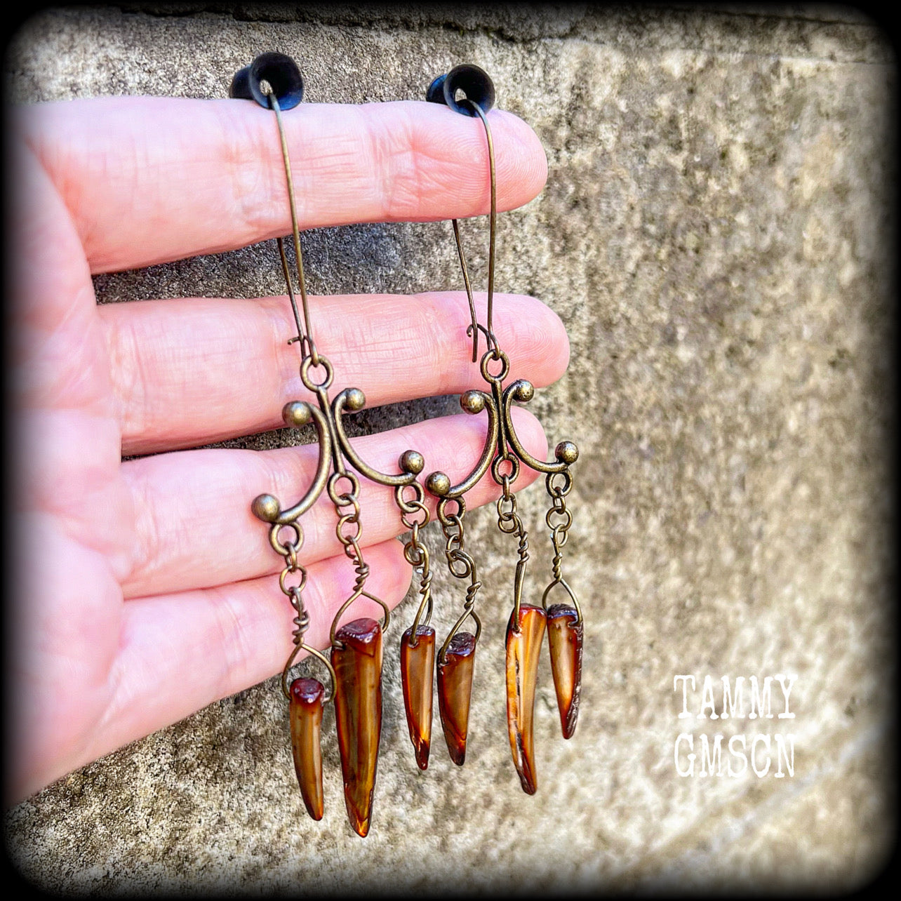 Antique bronze and shell tusk earrings