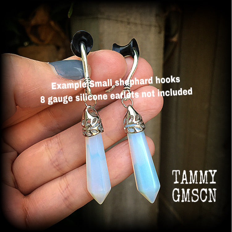 Opalite earrings 8 gauge ear weights Gemstone earrings Opalite ear hangers Pierced ears Tunnel dangles Tunnel earrings Body jewelry Ear jewelry Ear gauges Witchy jewelry Gemstone jewelry Gypsy boho chic