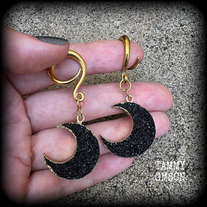 Black druzy crescent moon gauged earrings-Gemstone ear hangers