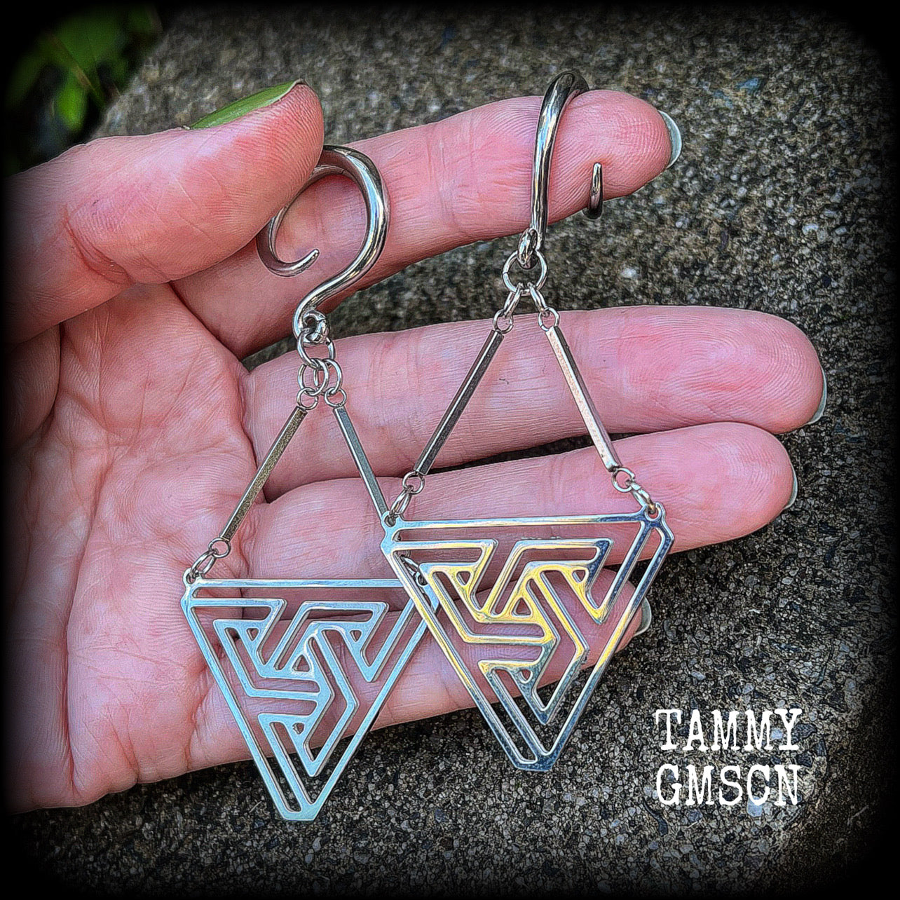 Triangle maze earrings Geometic earrings Geometric jewellery Geometric gauged earrings Optical illusion ear hangers MC Escher 6 gauge ear weights Stretched ears Stretched lobes Ear gauges 4mm 6mm 8mm 10mm 12mm 14mm 16mm 19mm 22mm 25mm 28mm 30mm