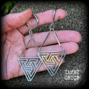 Triangle maze earrings Geometic earrings Geometric jewellery Geometric gauged earrings Optical illusion ear hangers MC Escher 6 gauge ear weights Stretched ears Stretched lobes Ear gauges 4mm 6mm 8mm 10mm 12mm 14mm 16mm 19mm 22mm 25mm 28mm 30mm