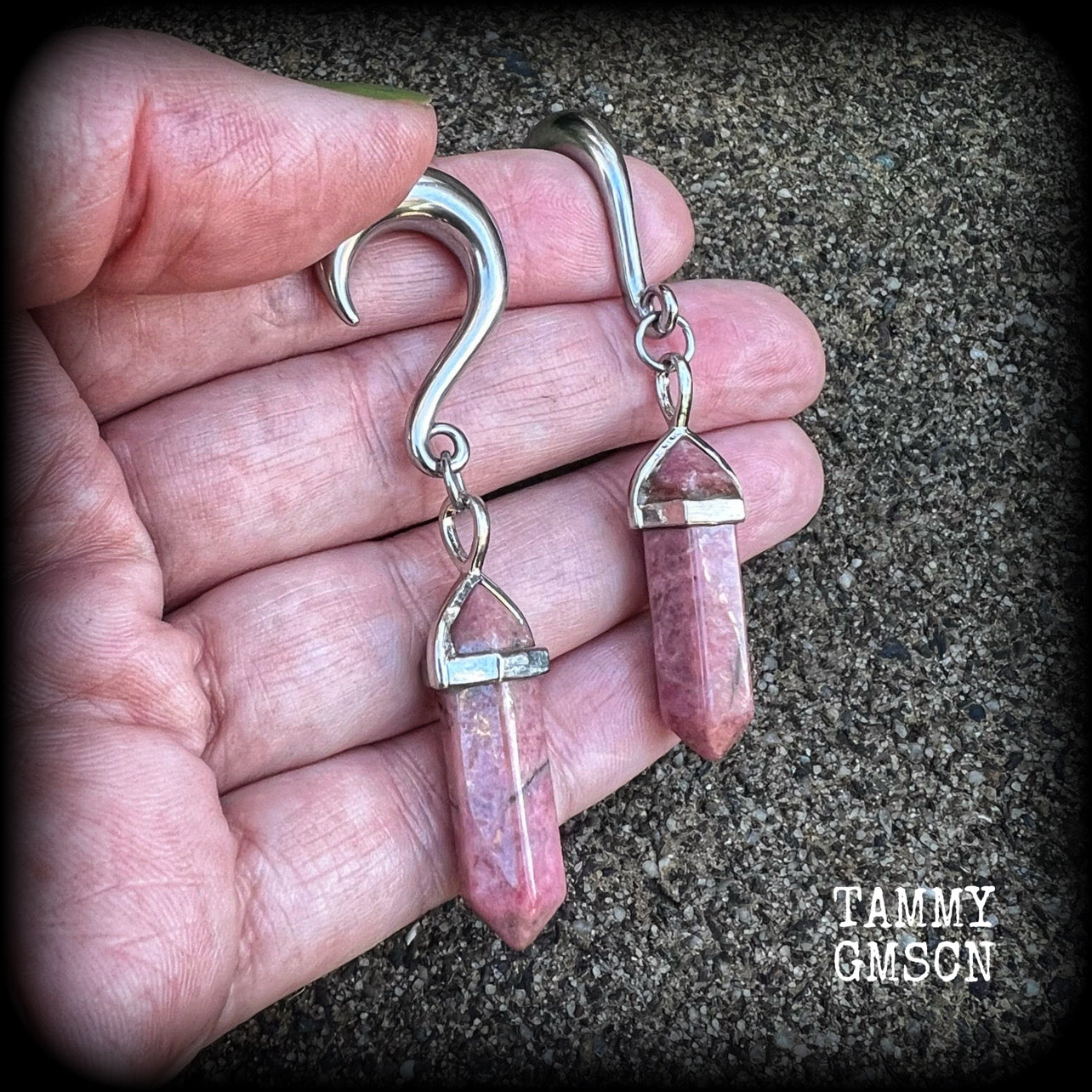 Gorgeous dusty pink rhodochrosite pillar gemstone gauged earrings for gauged ears, available on a range of hooks and clasps for pierced ears and stretched lobes up to 30mm