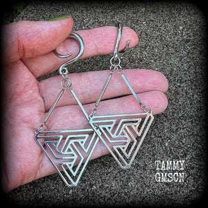 Triangle maze earrings Geometic earrings Geometric jewellery Geometric gauged earrings Optical illusion ear hangers MC Escher 6 gauge ear weights Stretched ears Stretched lobes Ear gauges 4mm 6mm 8mm 10mm 12mm 14mm 16mm 19mm 22mm 25mm 28mm 30mm