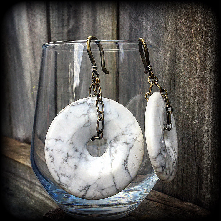 White stone and antique bronze gauged earrings-Ear weights