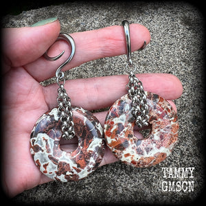 Ear jewellery Jasper ear hangers Jasper gauged earrings 6 gauge ear weights Gemstone ear weights Stone ear weights Gemstone ear hangers Stretched ears Gauged ears Ear gauges Body jewelry Stretched lobes 4mm 6mm 8mm 10mm 12mm 14mm 16mm 19mm 22mm 25mm 28mm 30mm 