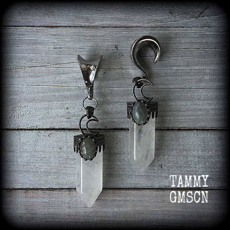 Clear quartz and labradorite gauged earrings