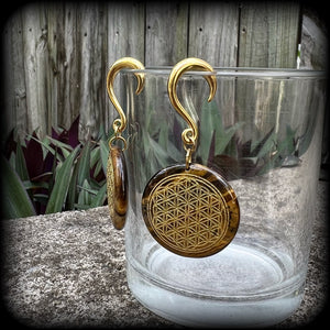 Tigers eye gemstone gauged earrings-Flower of life ear weights