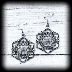 Flower of life earrings Seed of life earrings Mandala earrings Sacred geometry jewllery Boho earrings Boho gypsy jewelry Ear hangers Tunnel dangles Tunnel earrings